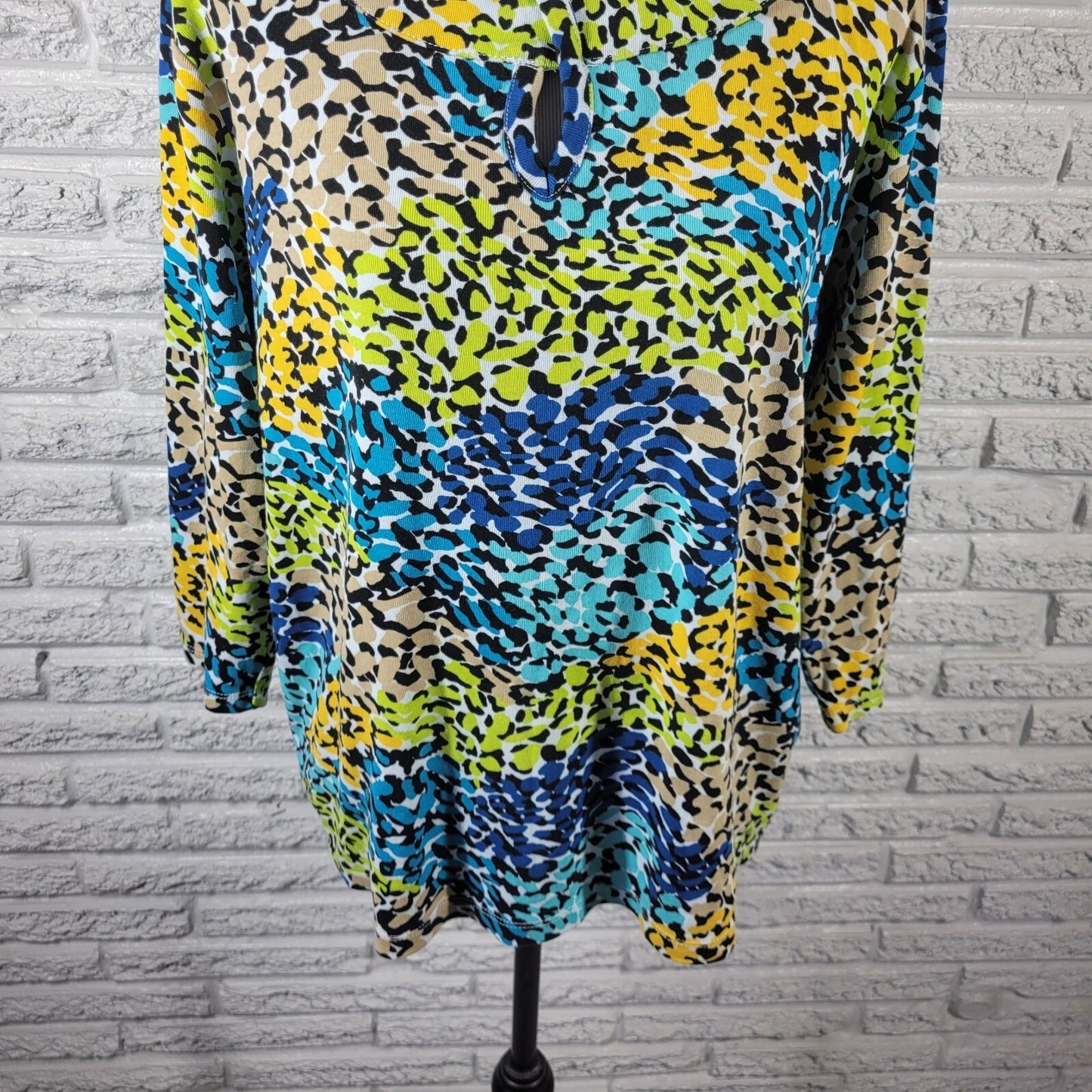 Rafaella Studio Women Top 2X Plus Knit 3/4 Sleeve Blue Watercolor Cotton Keyhole