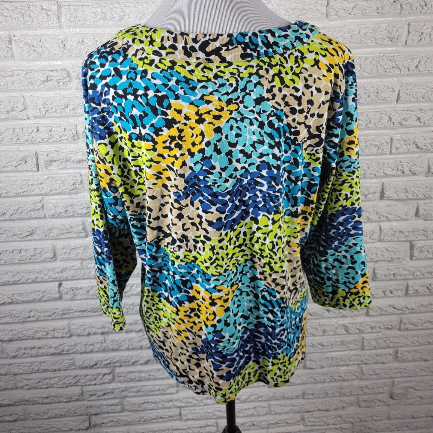 Rafaella Studio Women Top 2X Plus Knit 3/4 Sleeve Blue Watercolor Cotton Keyhole