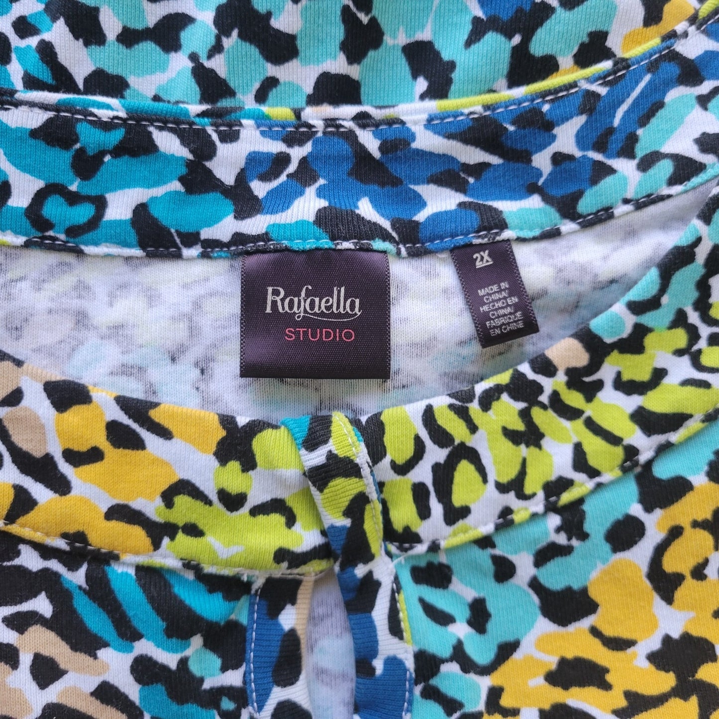 Rafaella Studio Women Top 2X Plus Knit 3/4 Sleeve Blue Watercolor Cotton Keyhole