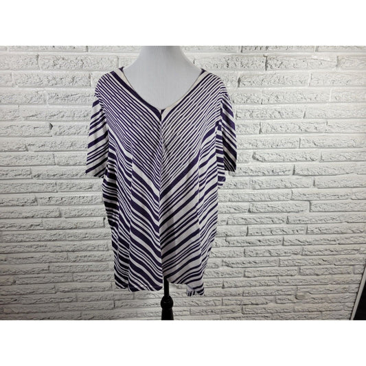 Catherines Womens Top 2X Plus Tunic Short Sleeve Purple Stripe Studded Polyester