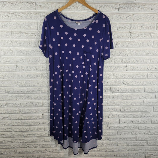 LuLaRoe Women's XL Blue Polka Dot High Low Hem T-Shirt Dress Round Neck