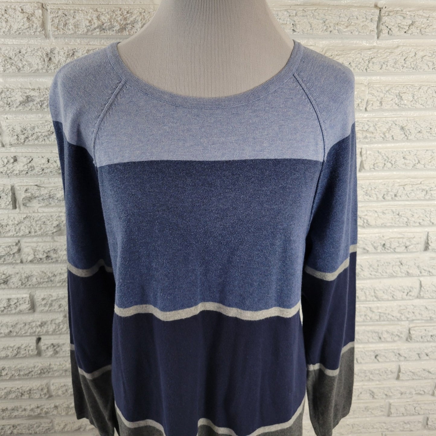 Karen Scott Women's Size XL Blue Gray Striped Cotton Knit Crew Neck Long Sleeve