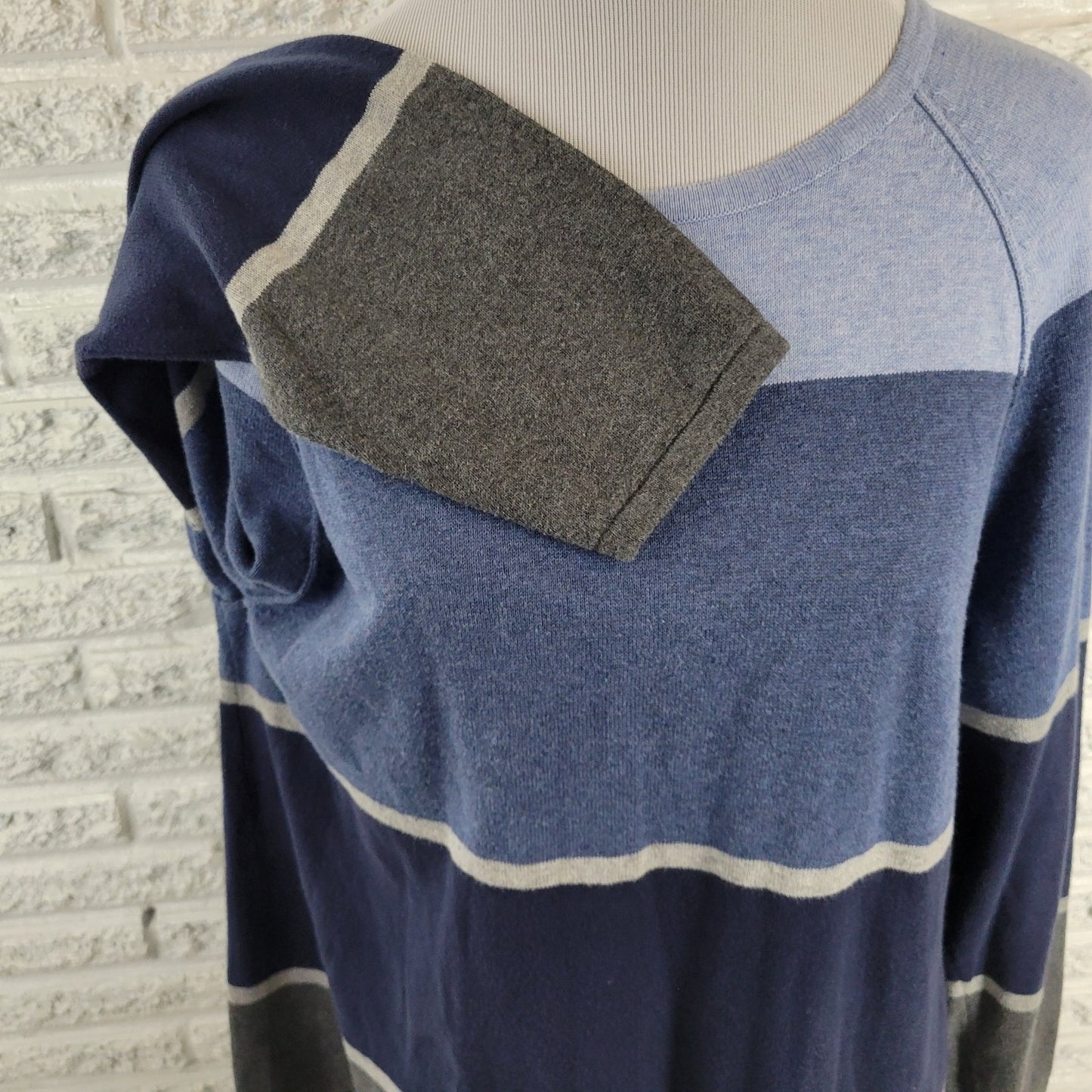 Karen Scott Women's Size XL Blue Gray Striped Cotton Knit Crew Neck Long Sleeve