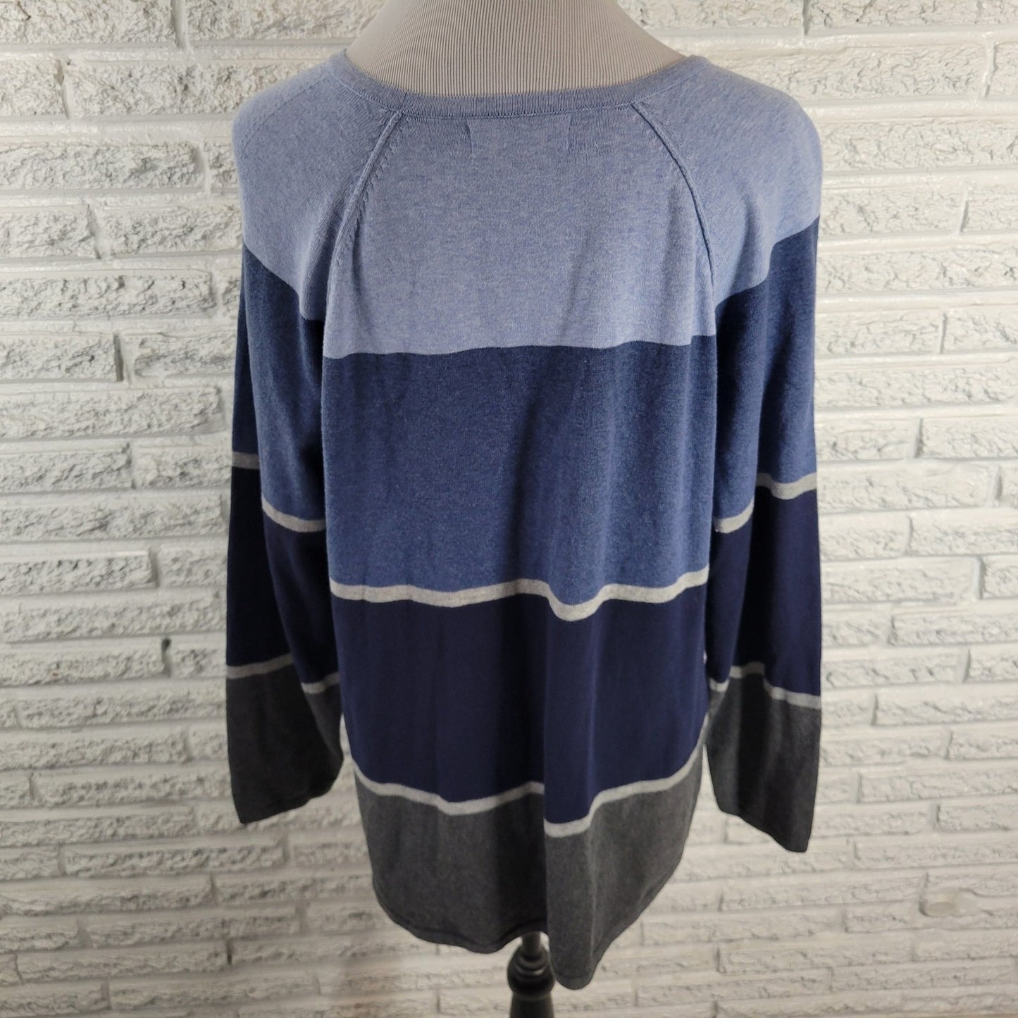 Karen Scott Women's Size XL Blue Gray Striped Cotton Knit Crew Neck Long Sleeve
