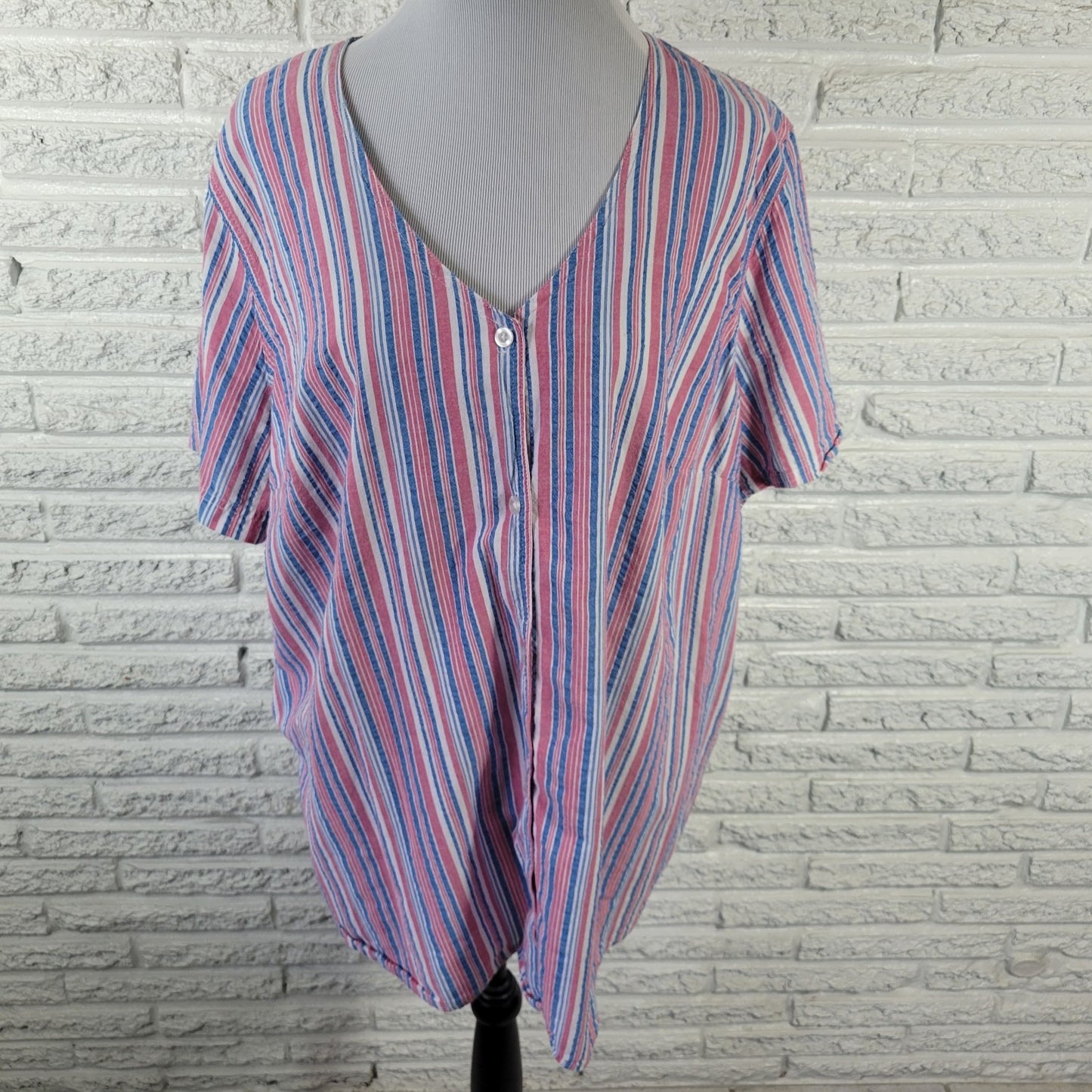 Woman Within Women's Plus Size 2X Pink Blue Stripe Tunic 100% Cotton V-Neck