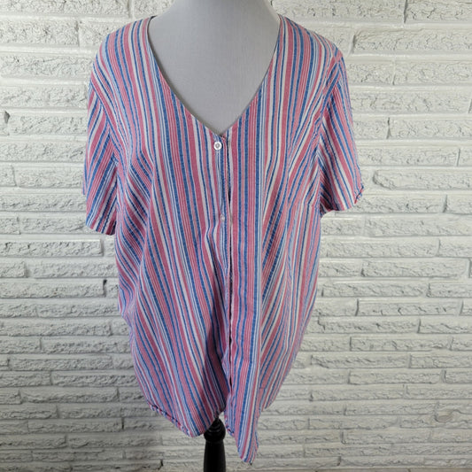 Woman Within Women's Plus Size 2X Pink Blue Stripe Tunic 100% Cotton V-Neck