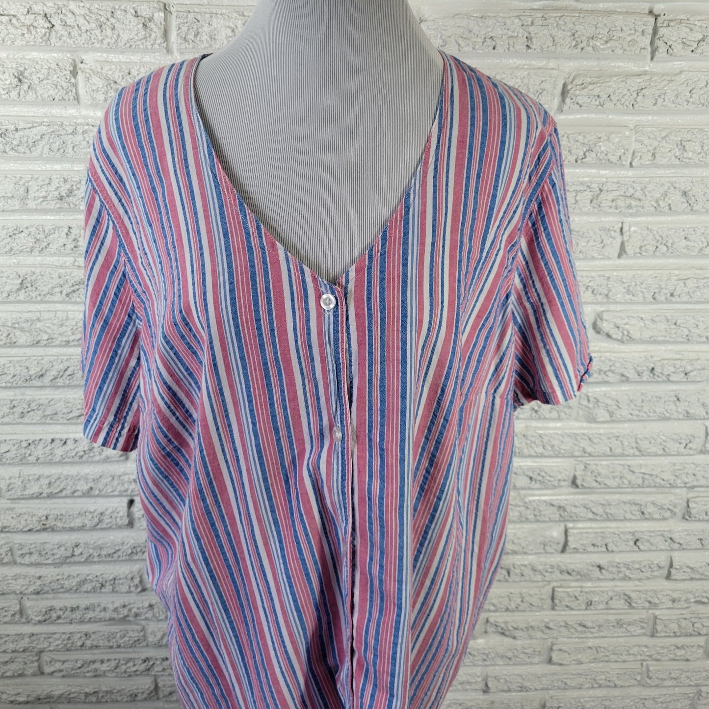 Woman Within Women's Plus Size 2X Pink Blue Stripe Tunic 100% Cotton V-Neck