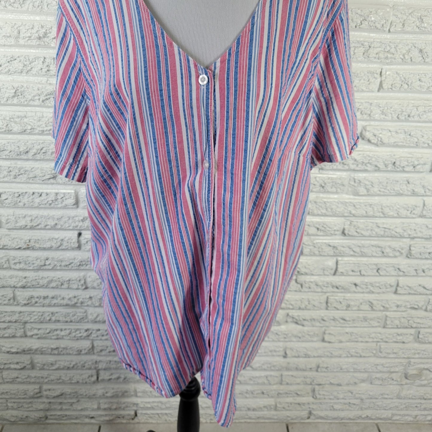 Woman Within Women's Plus Size 2X Pink Blue Stripe Tunic 100% Cotton V-Neck