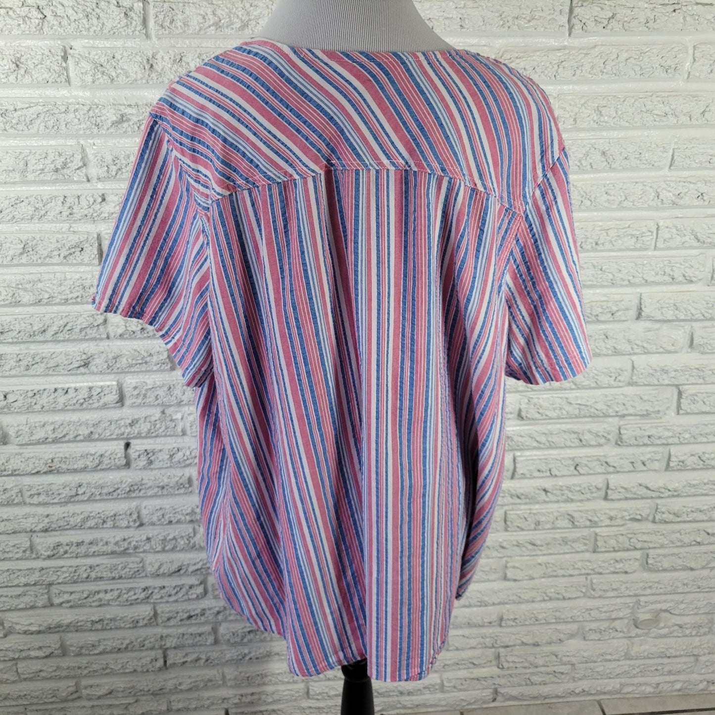 Woman Within Women's Plus Size 2X Pink Blue Stripe Tunic 100% Cotton V-Neck