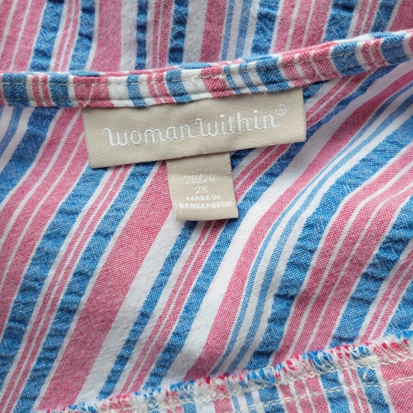 Woman Within Women's Plus Size 2X Pink Blue Stripe Tunic 100% Cotton V-Neck