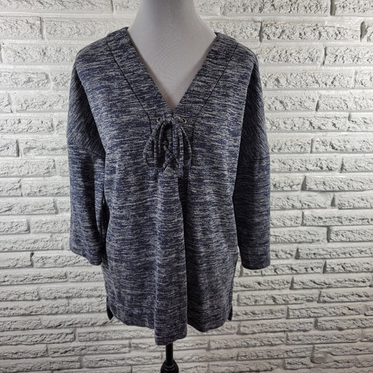 Liz Claiborne Womens Top Extra Large XL 3/4 Sleeve Lace Up Blue Knit Heather