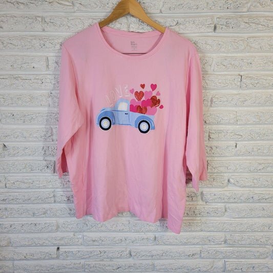 Valentines Day Kim Rogers Womens Top 2X Tee Soft Pink 3/4 Sleeve Love Glitter
