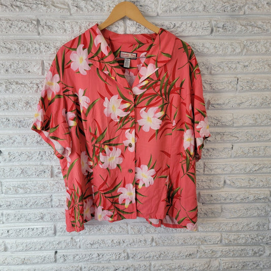 Jamaica Bay Womens Top 3X Plus Short Sleeve Button Up Pink Green Tropical Floral
