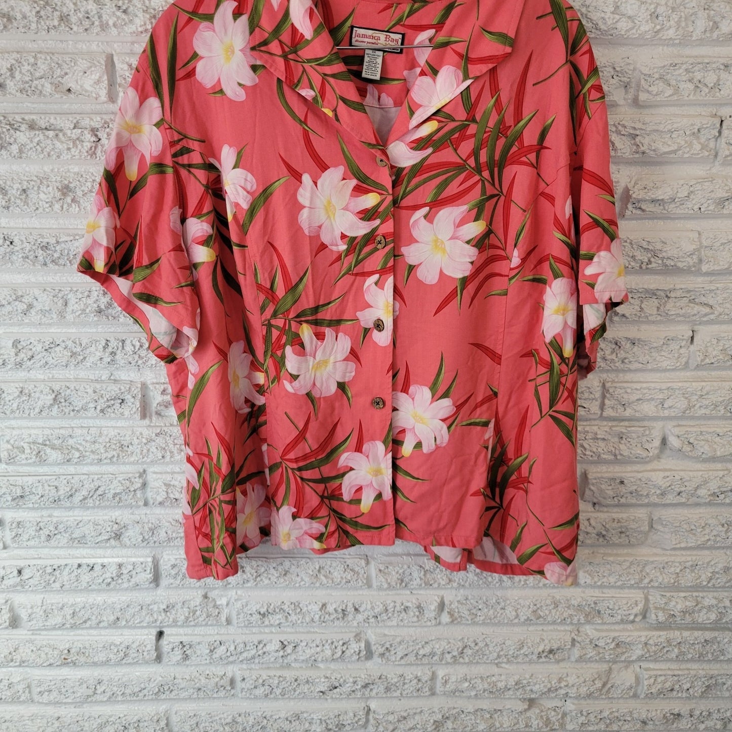 Jamaica Bay Womens Top 3X Plus Short Sleeve Button Up Pink Green Tropical Floral