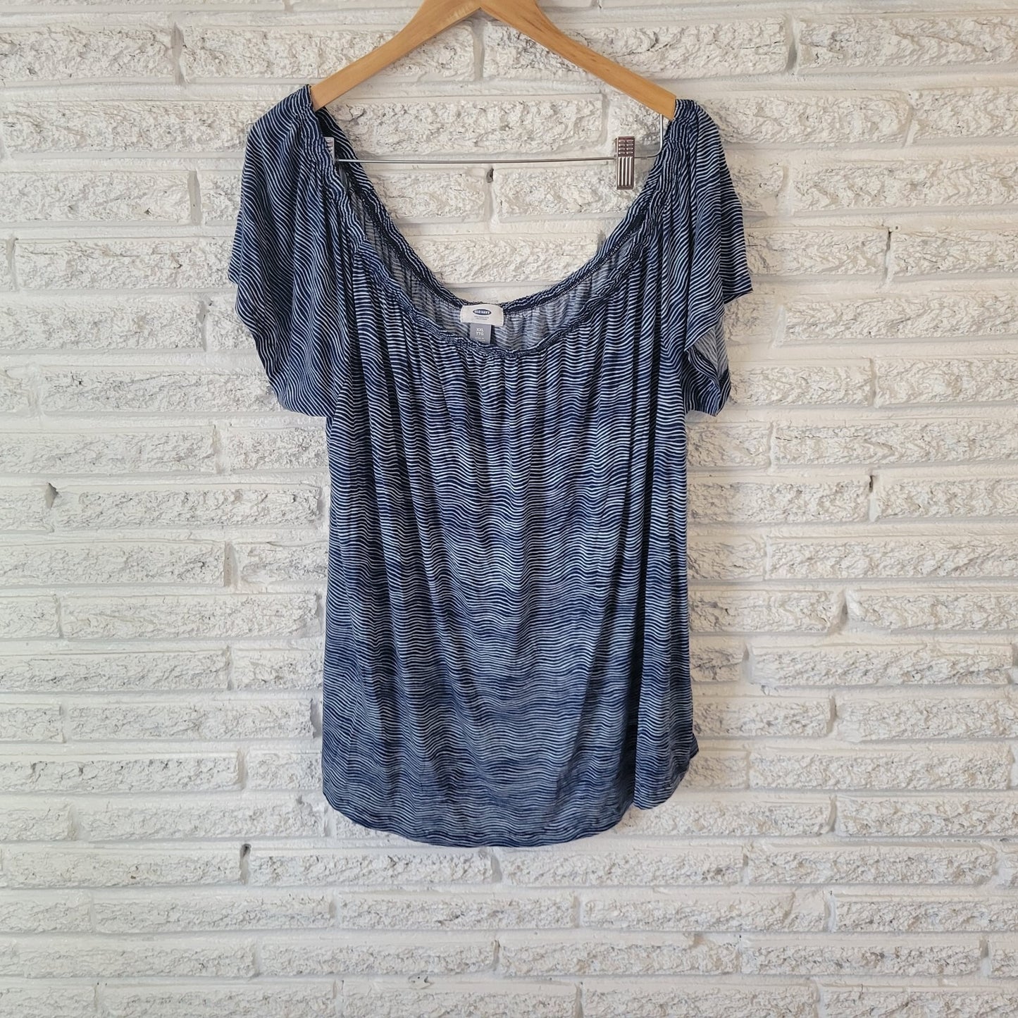 Old Navy Womens Top XXL Plus On Off Shoulder Lightweight Blue White Stripe Comfy