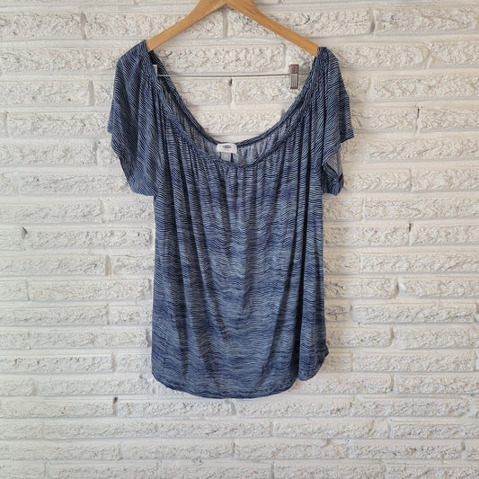 Old Navy Womens Top XXL Plus On Off Shoulder Lightweight Blue White Stripe Comfy