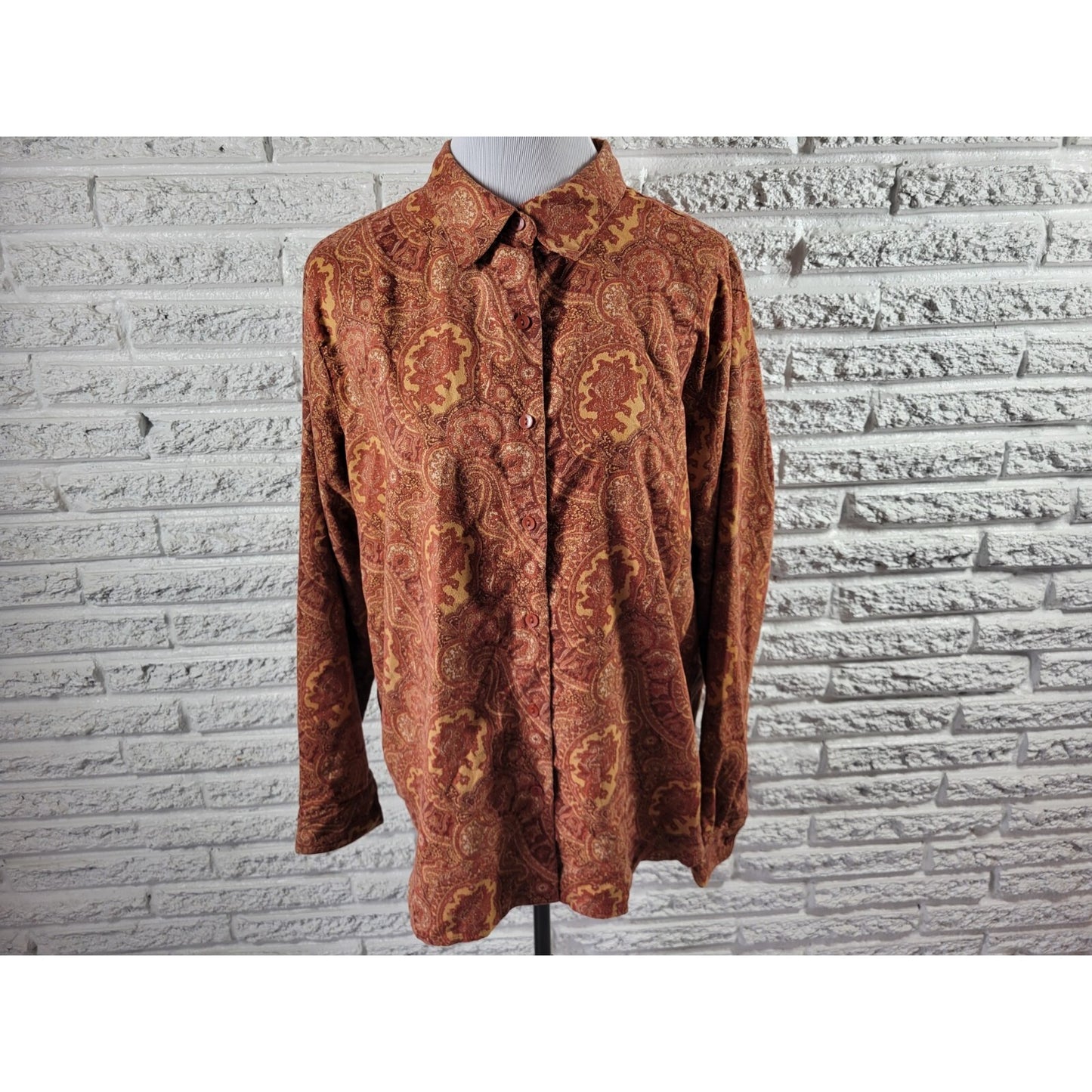 Lemon Grass Womens Top Extra Large XL Long Sleeve Brown Paisley Velour Collar