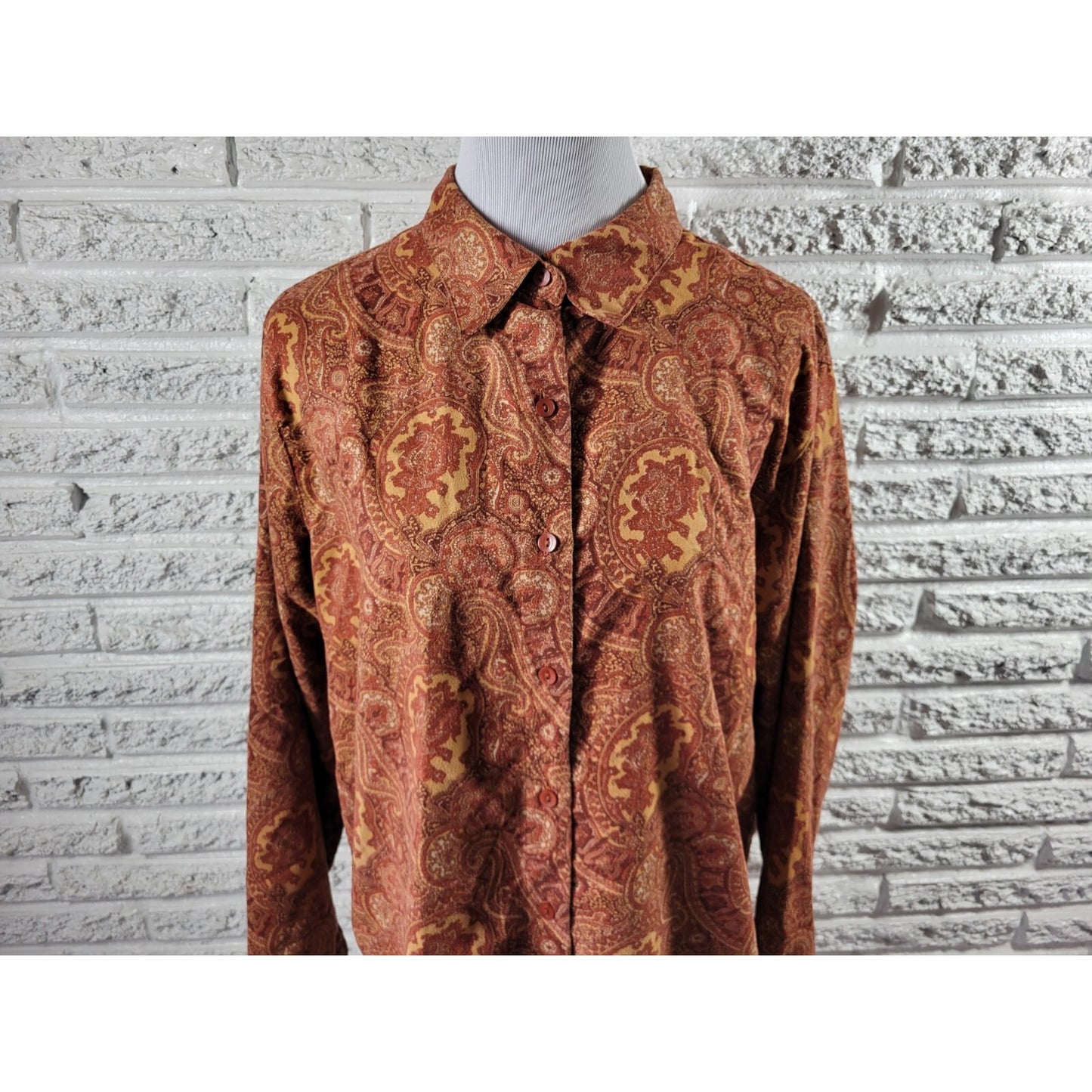 Lemon Grass Womens Top Extra Large XL Long Sleeve Brown Paisley Velour Collar