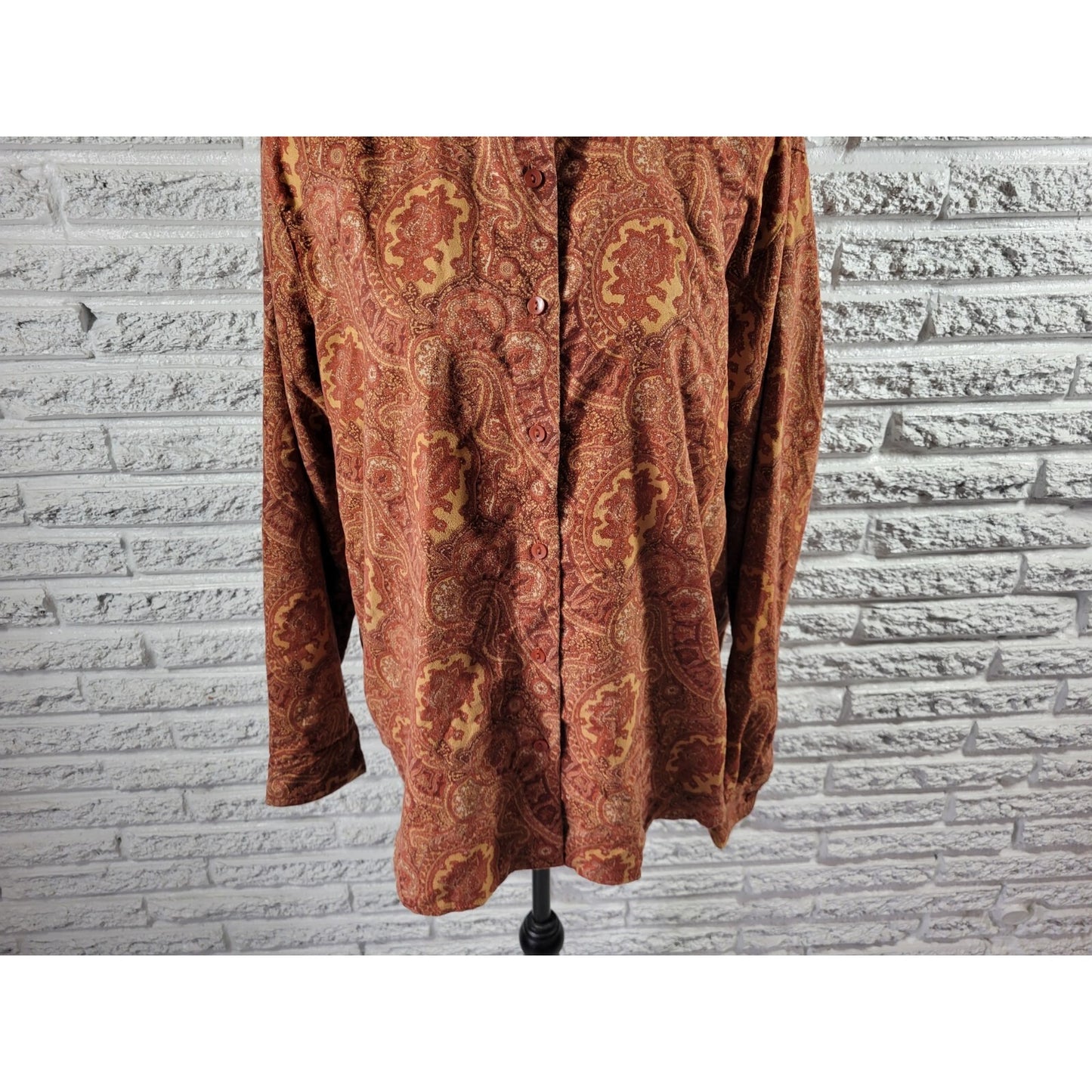 Lemon Grass Womens Top Extra Large XL Long Sleeve Brown Paisley Velour Collar