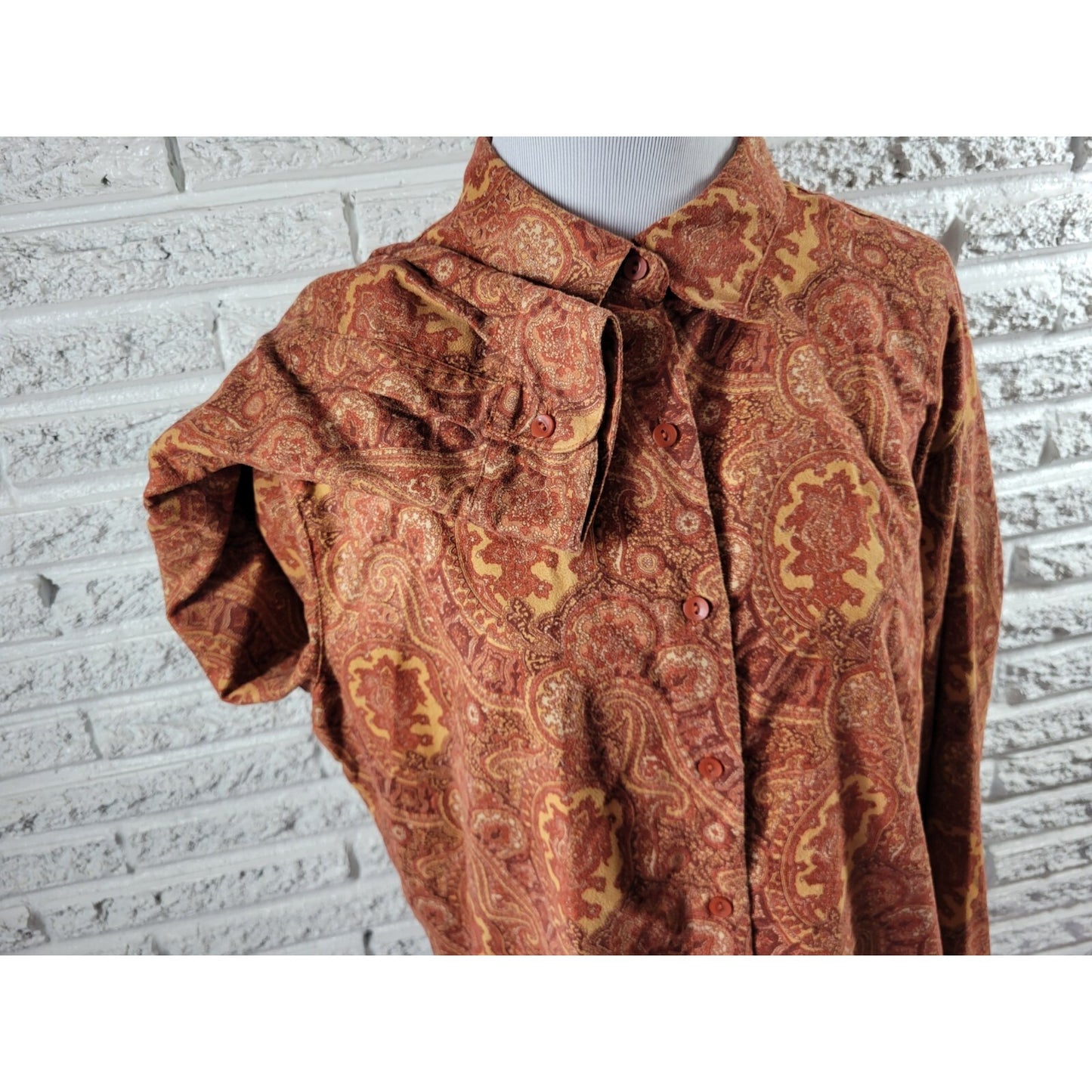 Lemon Grass Womens Top Extra Large XL Long Sleeve Brown Paisley Velour Collar