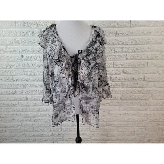 CJ Banks Women Top 2X Plus Bell 3/4 Sleeve Open Overlay Sheer Polyester Scripted