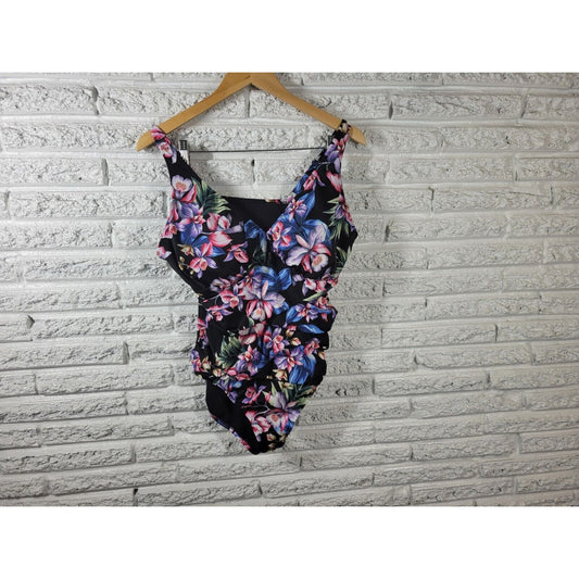 Croft Barrow Women Swimsuit 18 One Piece Adjustable Spaghetti Strap Black Floral