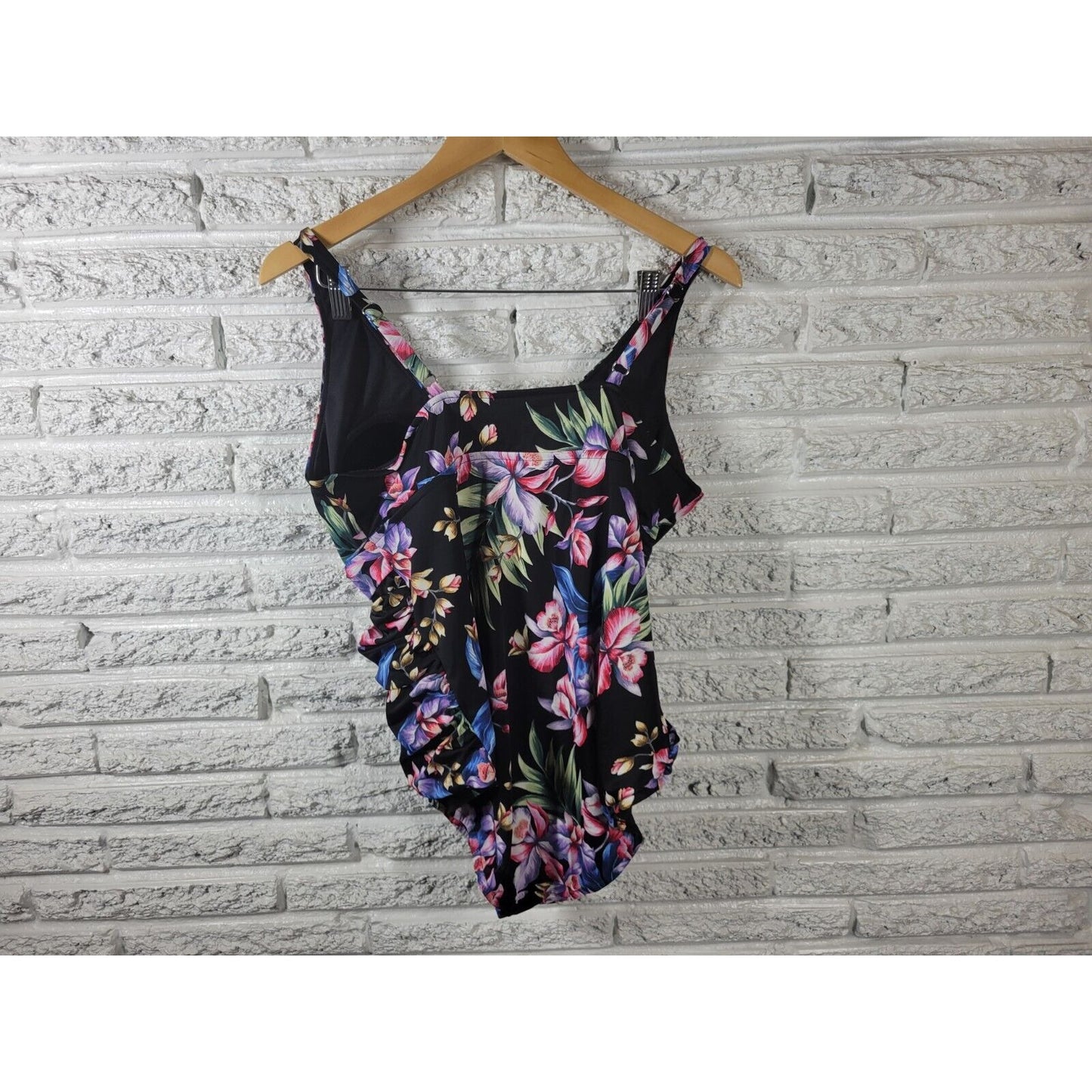 Croft Barrow Women Swimsuit 18 One Piece Adjustable Spaghetti Strap Black Floral