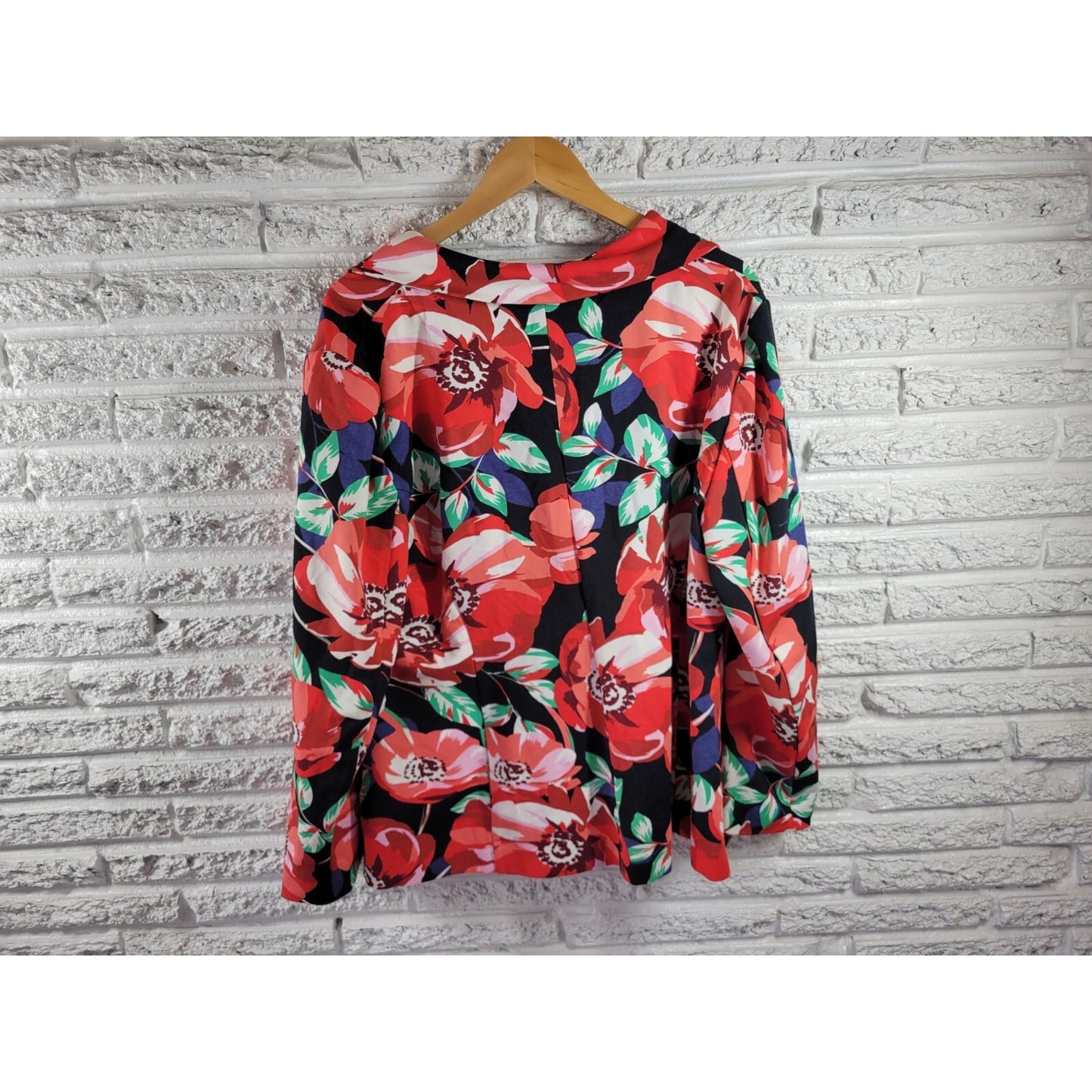 Simply Emma Womens Jacket 2X Plus Blazer Red Floral One Button Pockets Office