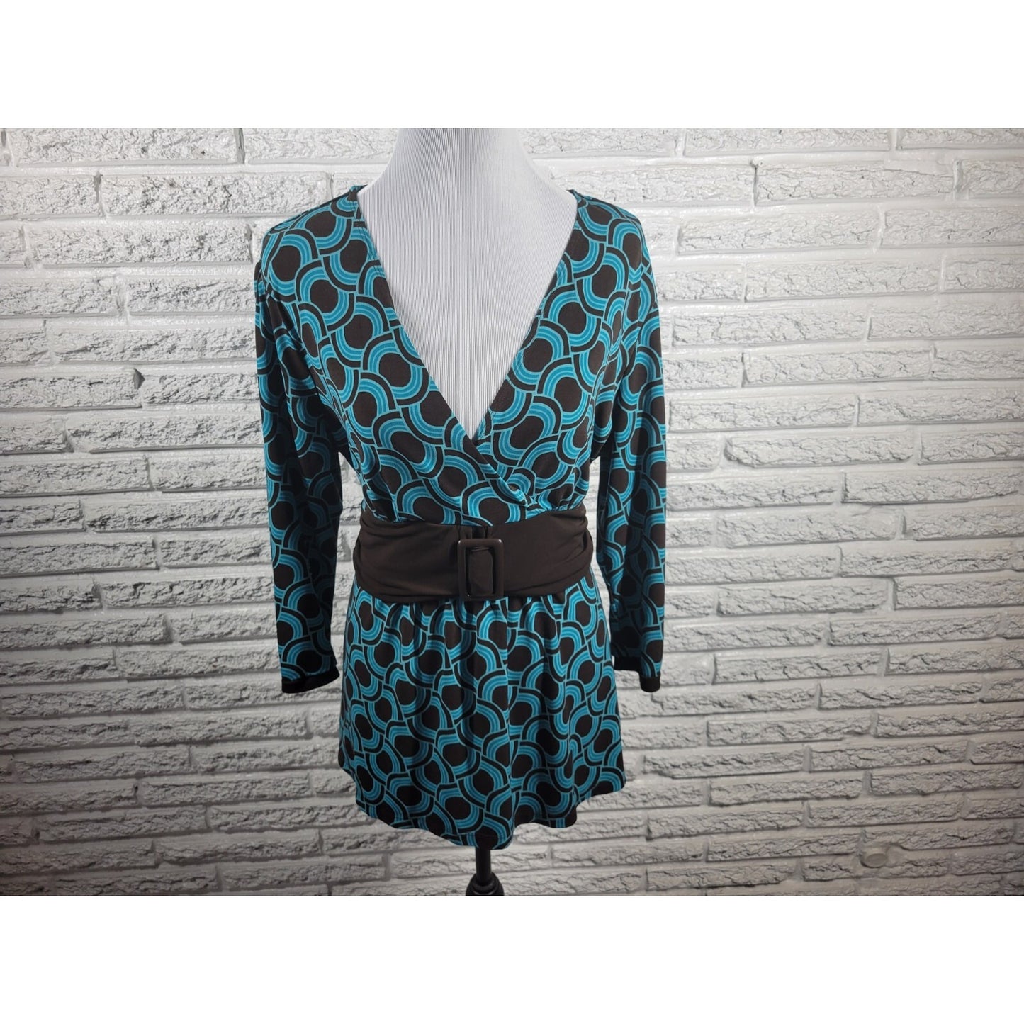 Apt 9 Women's XL Blouse Top Blue Geometric Sash Buckle V-Neck Long Sleeve