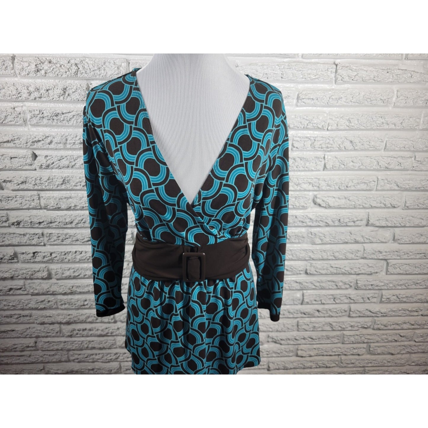 Apt 9 Women's XL Blouse Top Blue Geometric Sash Buckle V-Neck Long Sleeve