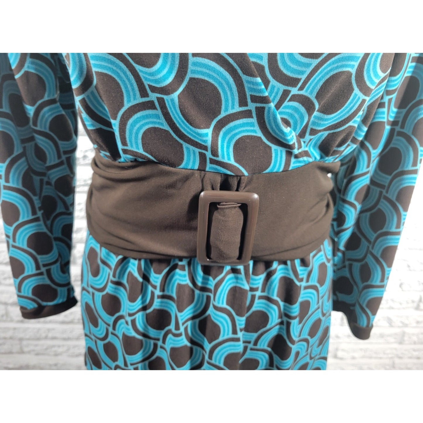 Apt 9 Women's XL Blouse Top Blue Geometric Sash Buckle V-Neck Long Sleeve