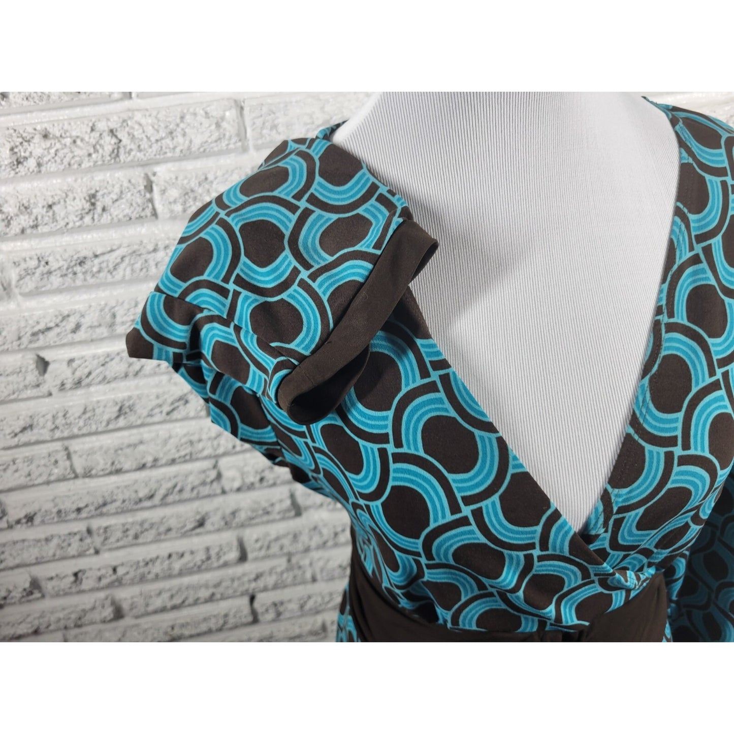 Apt 9 Women's XL Blouse Top Blue Geometric Sash Buckle V-Neck Long Sleeve