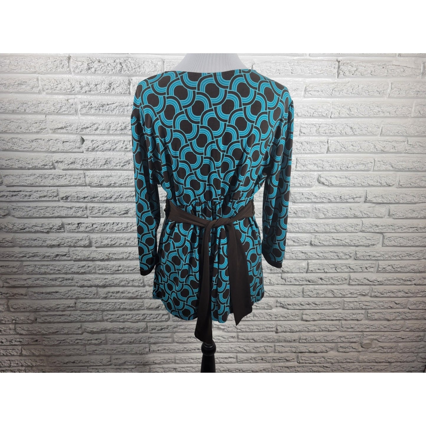 Apt 9 Women's XL Blouse Top Blue Geometric Sash Buckle V-Neck Long Sleeve