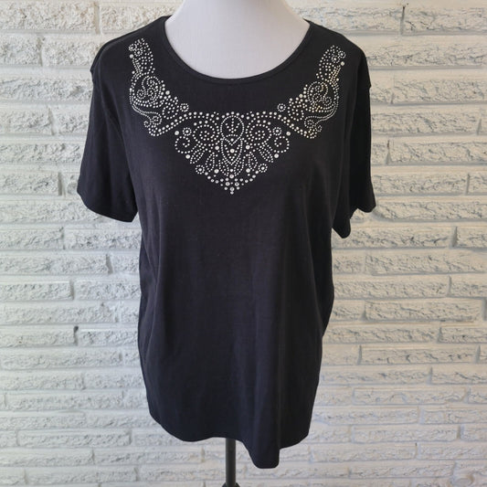 Brunswick Square Women Top XL Tee Short Sleeve Casual Black Cotton Blend Studded