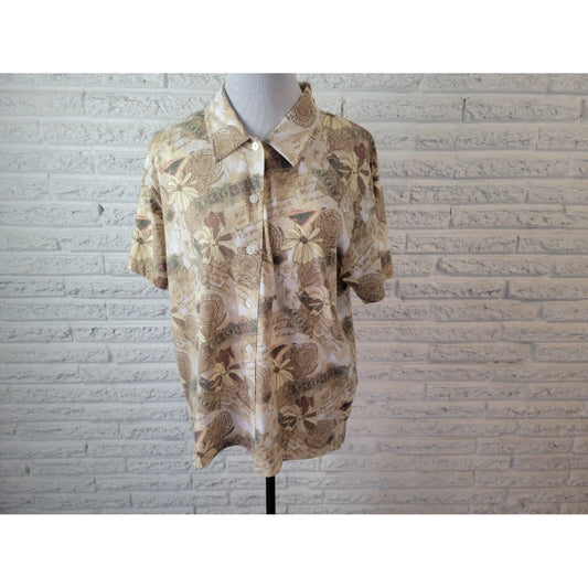 Shenanigans Womens Shirt XL Collared Lightweight Buttons Scripted Brown Floral