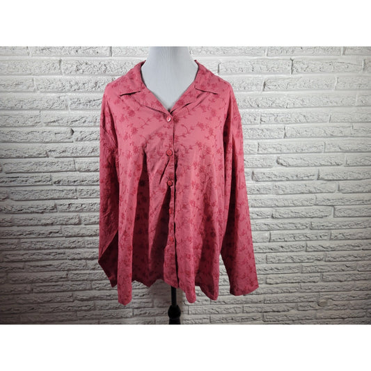 Marisol Women Top 3X Plus Long Sleeve Pink Embroidered Collar Button Up Career