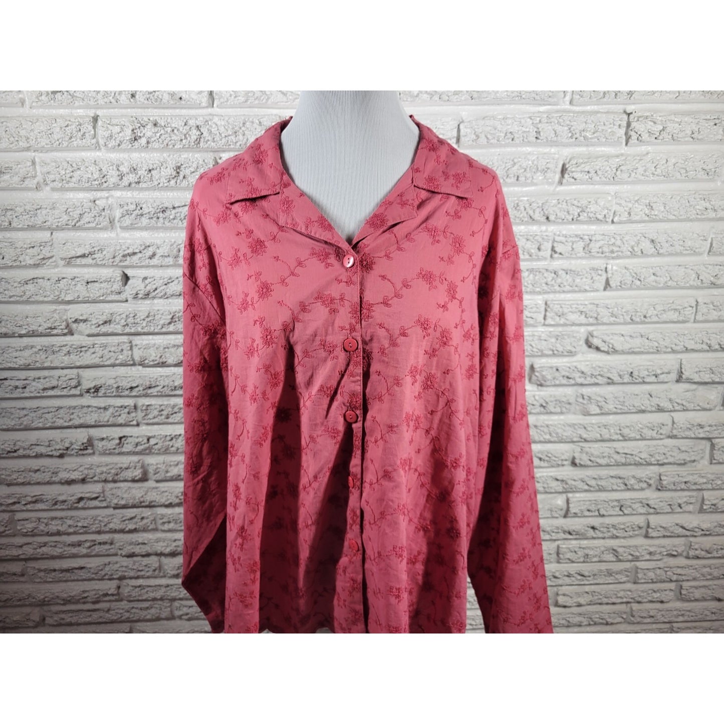 Marisol Women Top 3X Plus Long Sleeve Pink Embroidered Collar Button Up Career