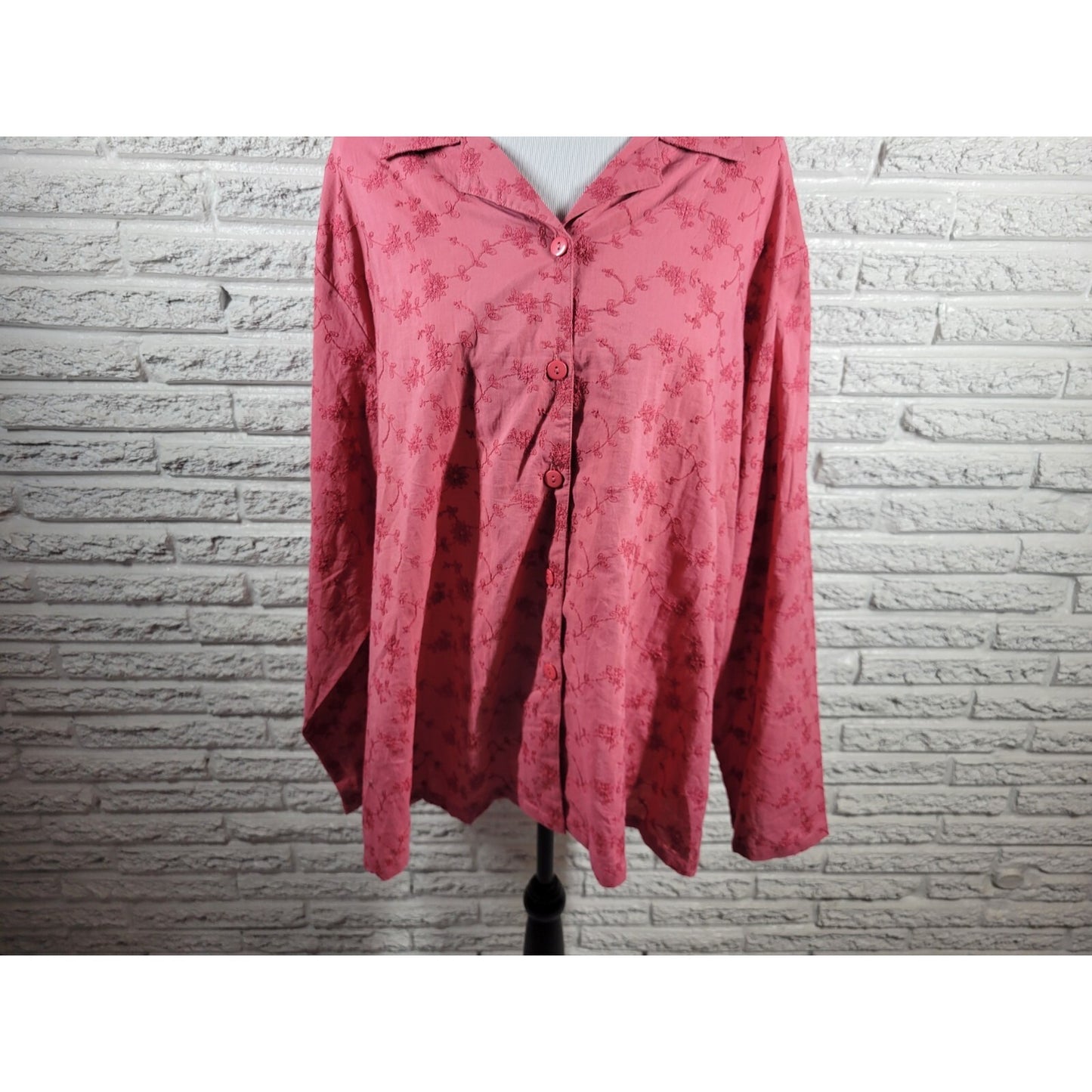 Marisol Women Top 3X Plus Long Sleeve Pink Embroidered Collar Button Up Career