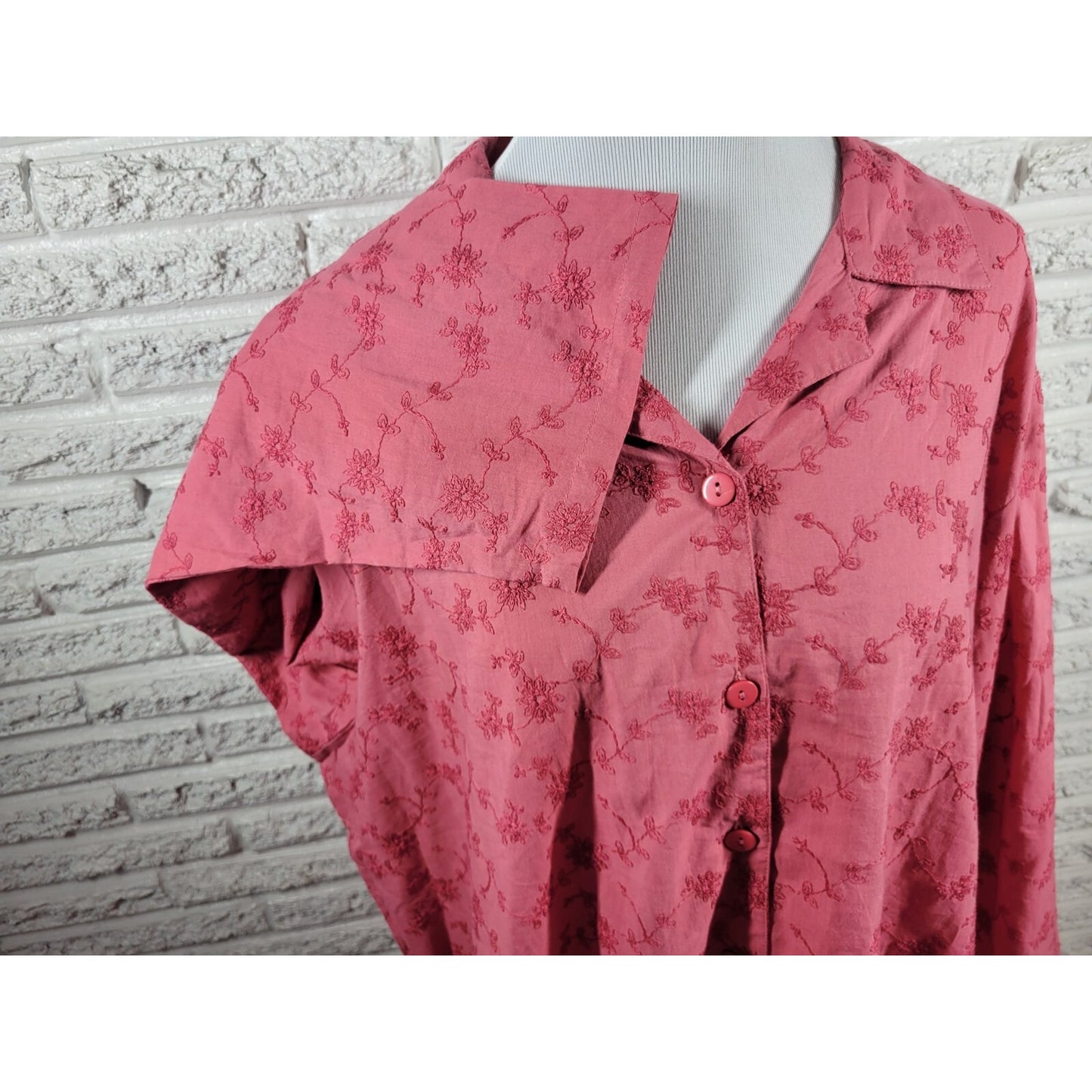 Marisol Women Top 3X Plus Long Sleeve Pink Embroidered Collar Button Up Career