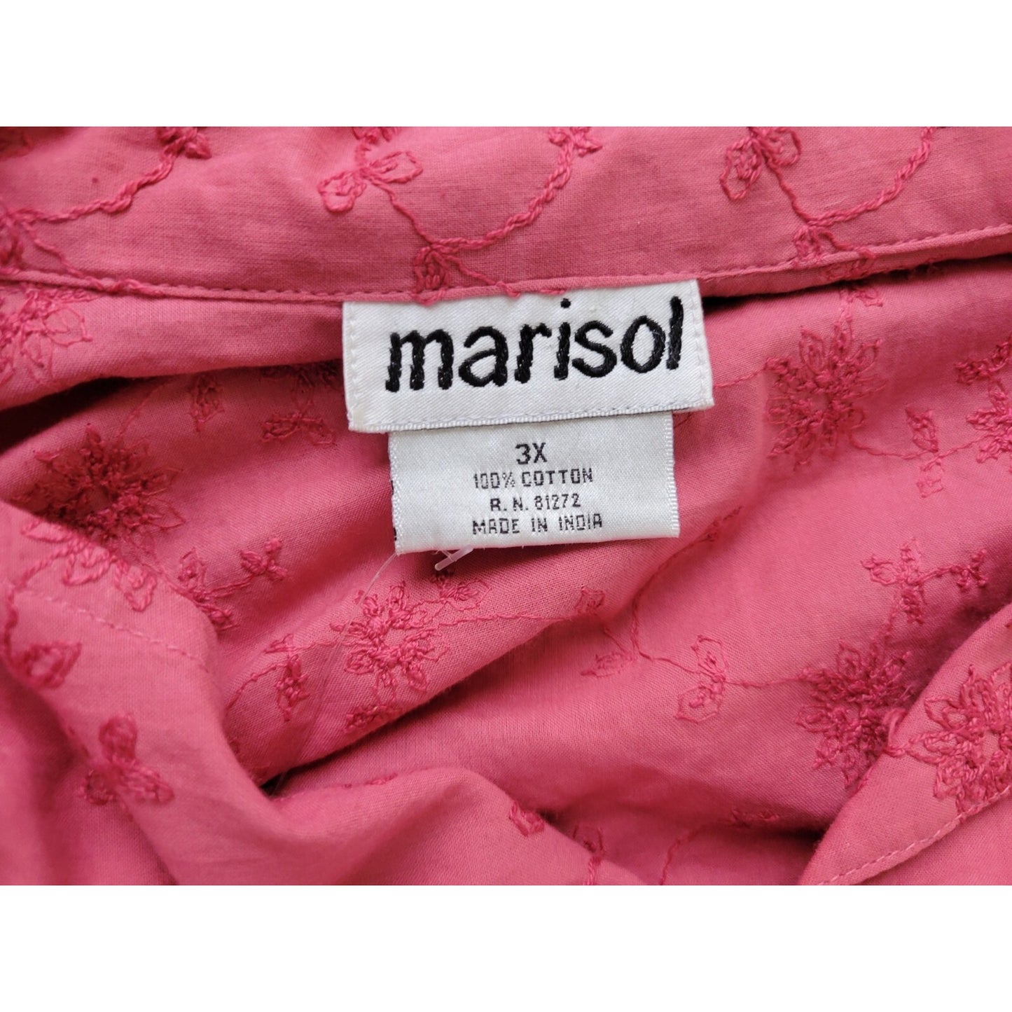 Marisol Women Top 3X Plus Long Sleeve Pink Embroidered Collar Button Up Career