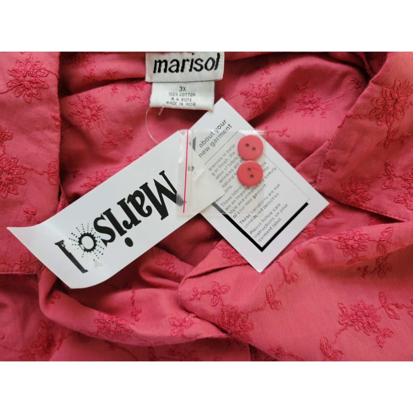 Marisol Women Top 3X Plus Long Sleeve Pink Embroidered Collar Button Up Career