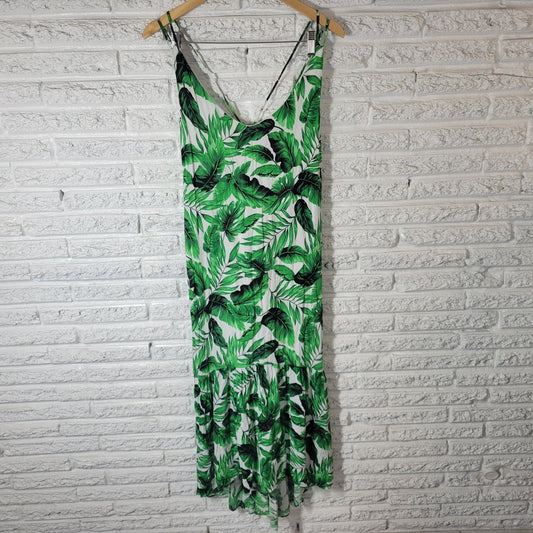 Scoop Women Dress XL 16 8 High Low Spaghetti Strap Green Floral Criss Cross Back