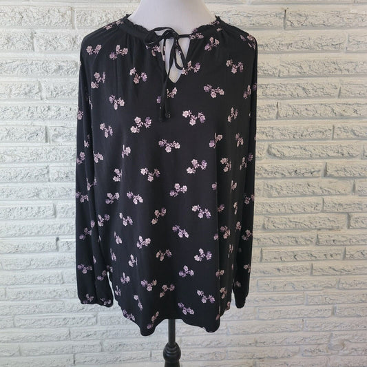 Chaps Womens Top Extra Large Black White Floral Frilly Neck Lightweight Keyhole