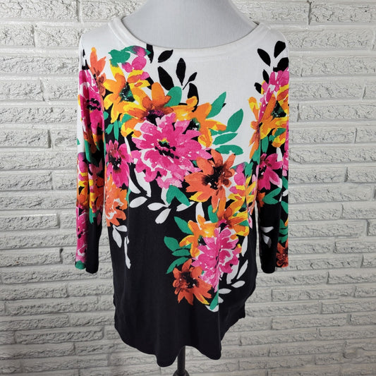 Rafaella Womens Top Extra Large 3/4 Sleeve Knit Pink Black Floral Cotton Comfy