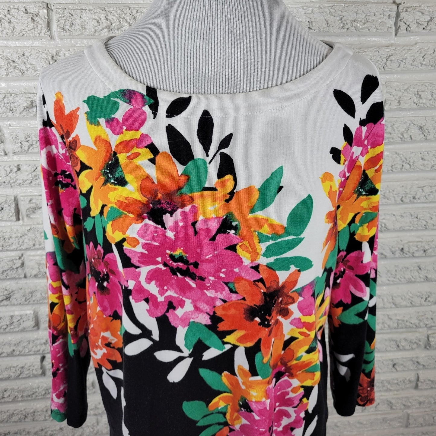 Rafaella Womens Top Extra Large 3/4 Sleeve Knit Pink Black Floral Cotton Comfy