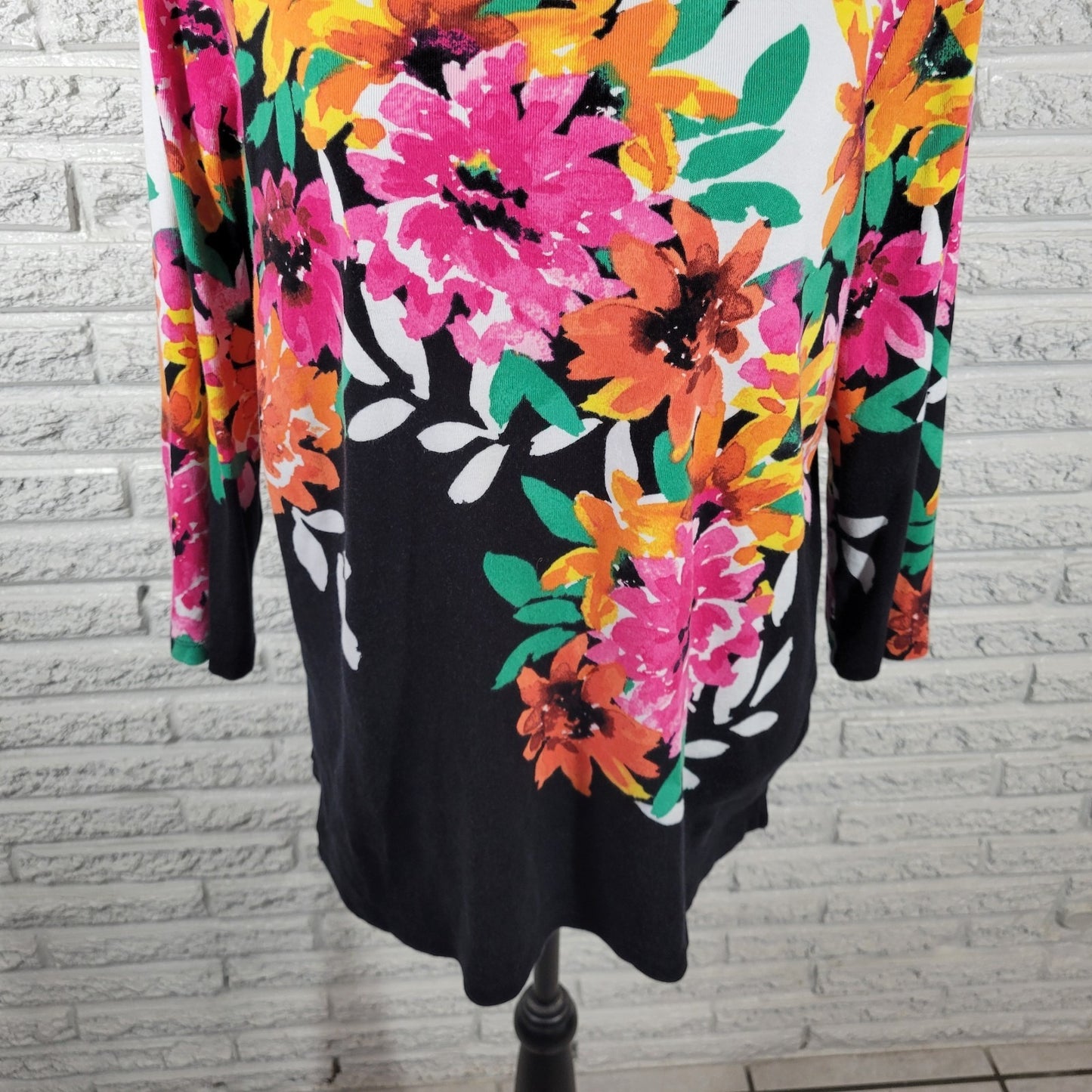 Rafaella Womens Top Extra Large 3/4 Sleeve Knit Pink Black Floral Cotton Comfy