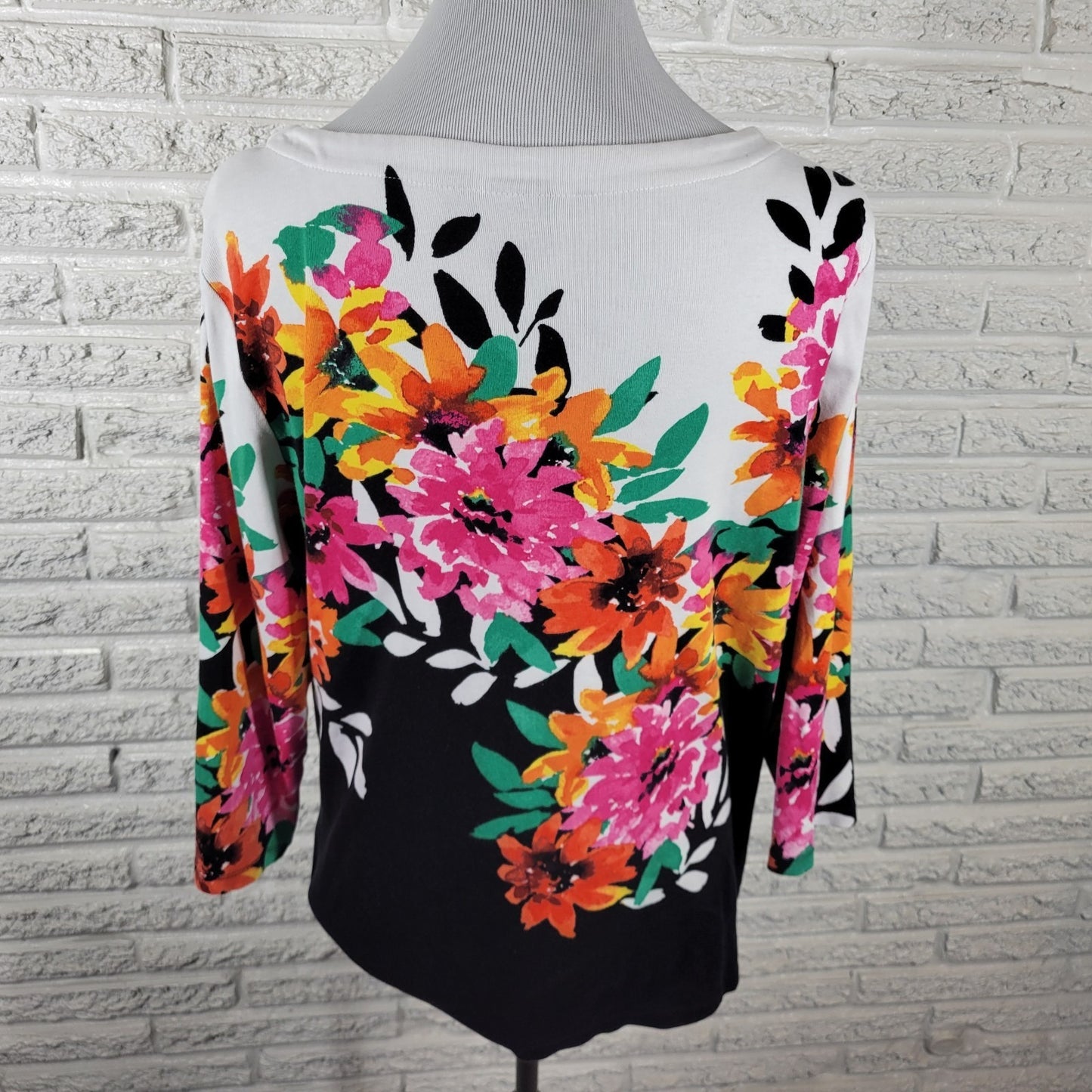 Rafaella Womens Top Extra Large 3/4 Sleeve Knit Pink Black Floral Cotton Comfy