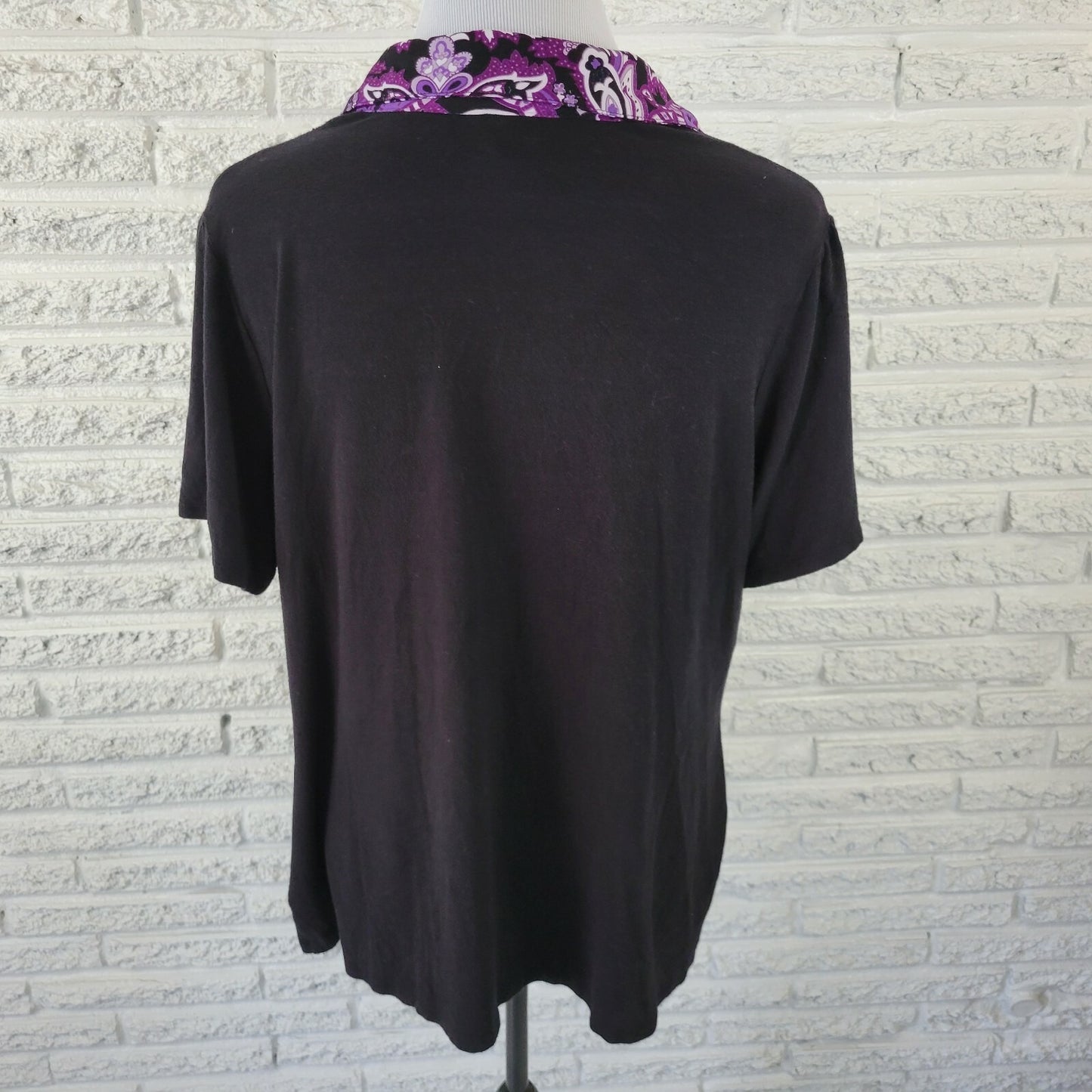 Style & Co Womens Top 2X Plus Short Sleeve Paisley Quarter Button Collar Purple