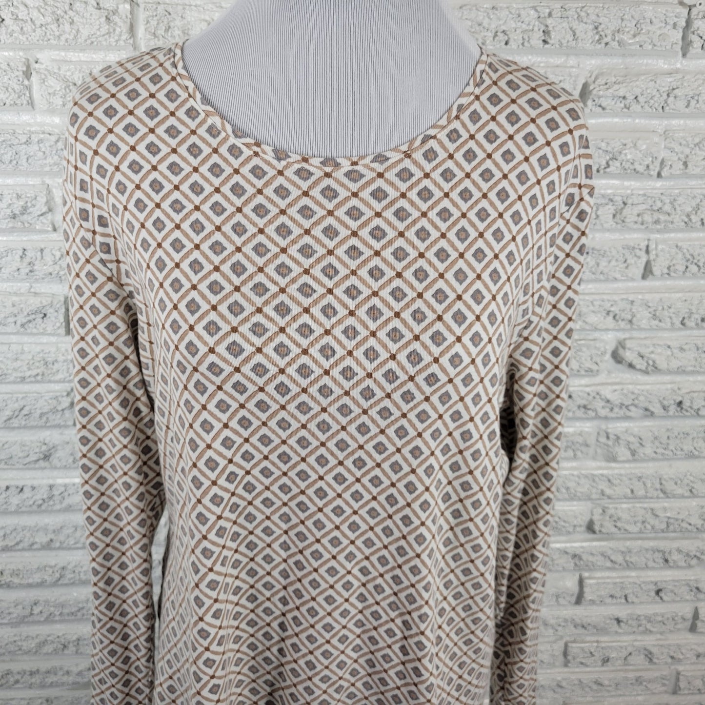 Croft Barrow Womens Top Extra Large XL Tee Long Sleeve Gray Tan Geometric Cotton