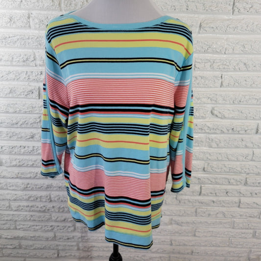 Westbound Women's 2X Top Blue Yellow Striped 3/4 Sleeve Cotton STR99XE